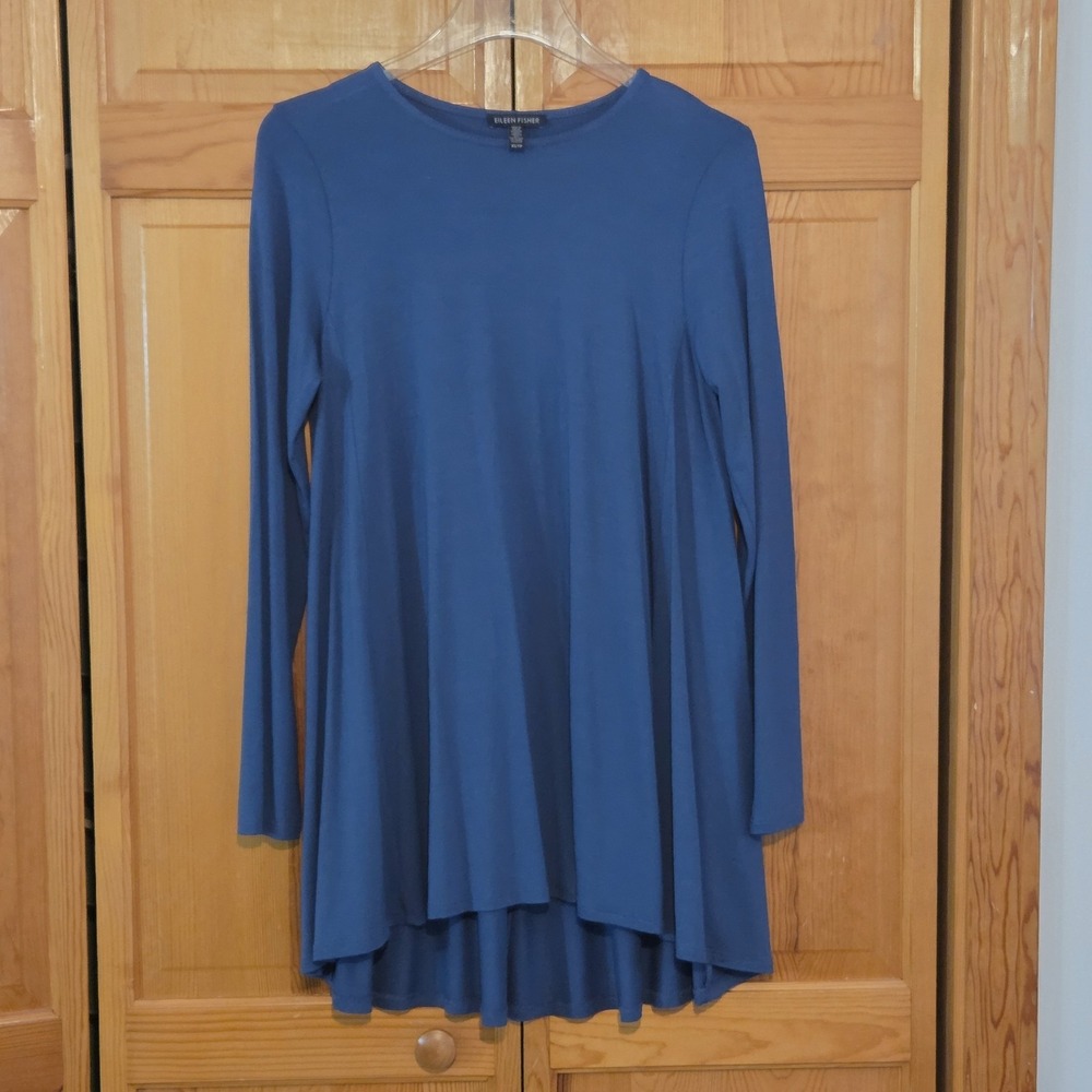 EILEEN FISHER Top XS Stretch Viscose Jersey Tunic Long Sleeve Blue USA